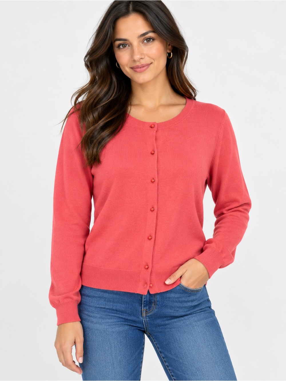 J. Crew Coral Button-Front Crewneck Cardigan